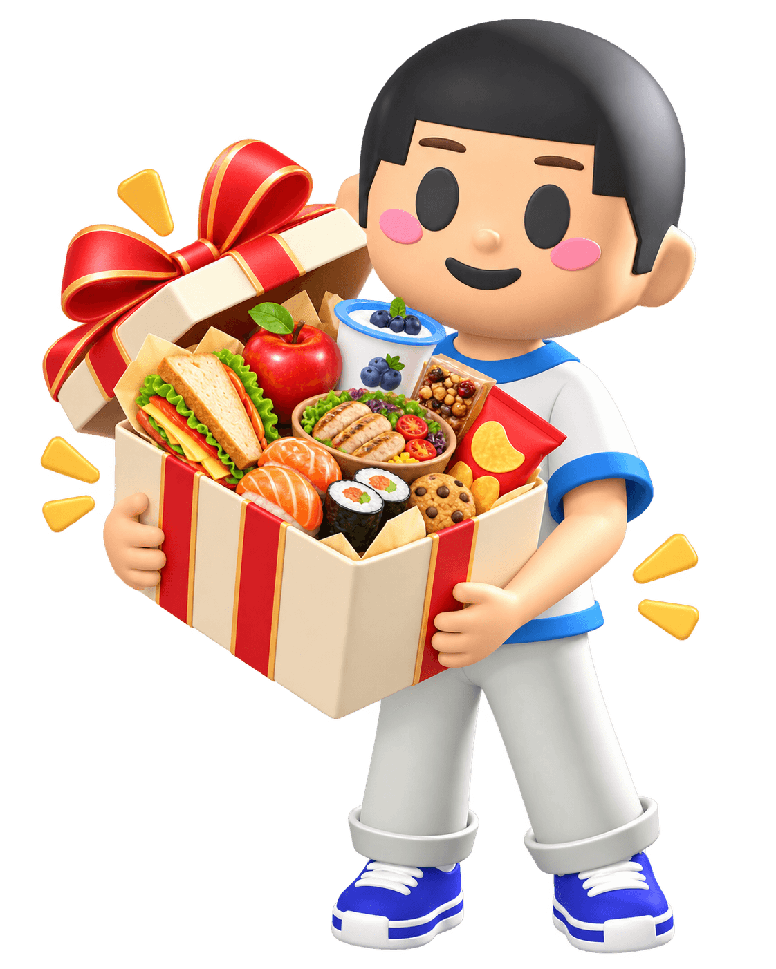 Nomi companion holding a box of colourful foods