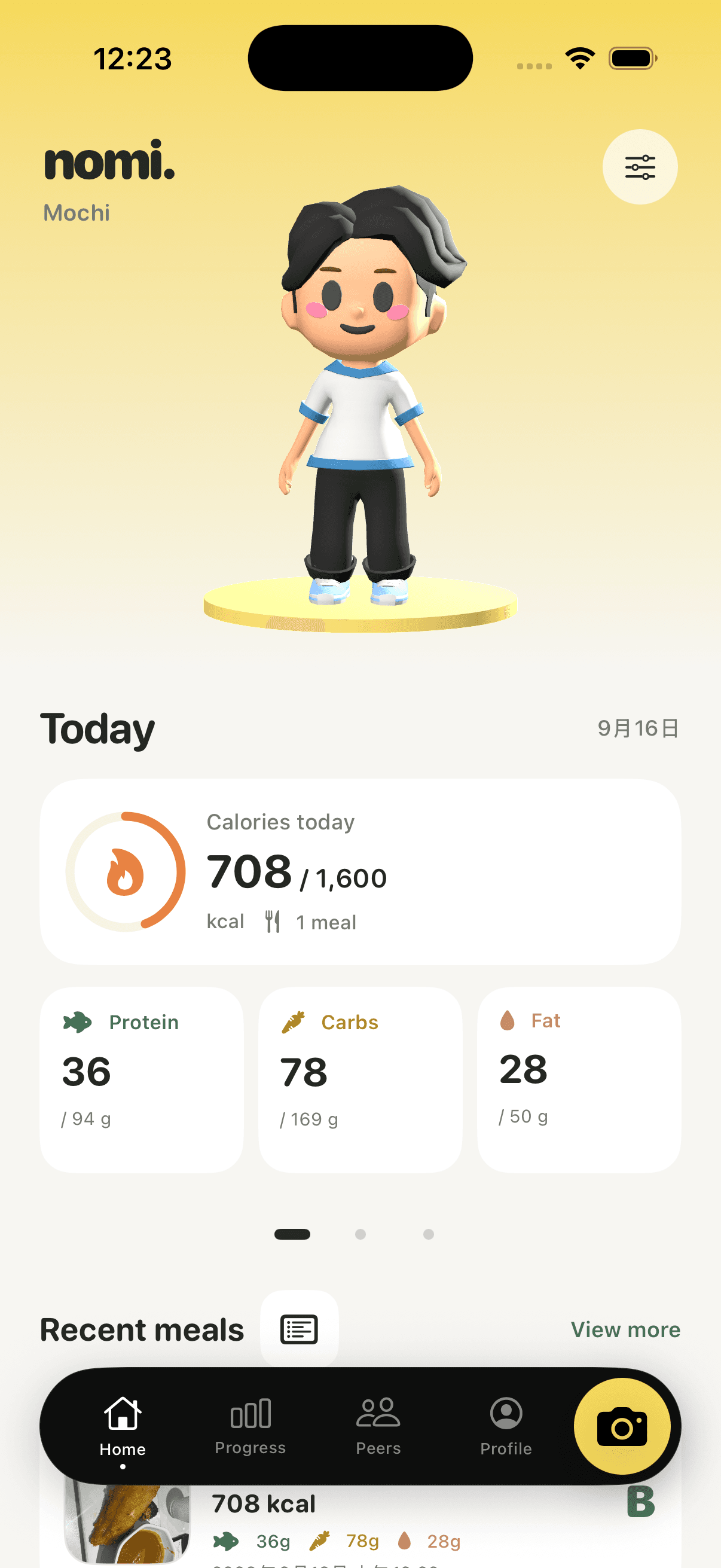 Nomi app home screen with your 3D companion, daily calories and protein, carbs and fat totals